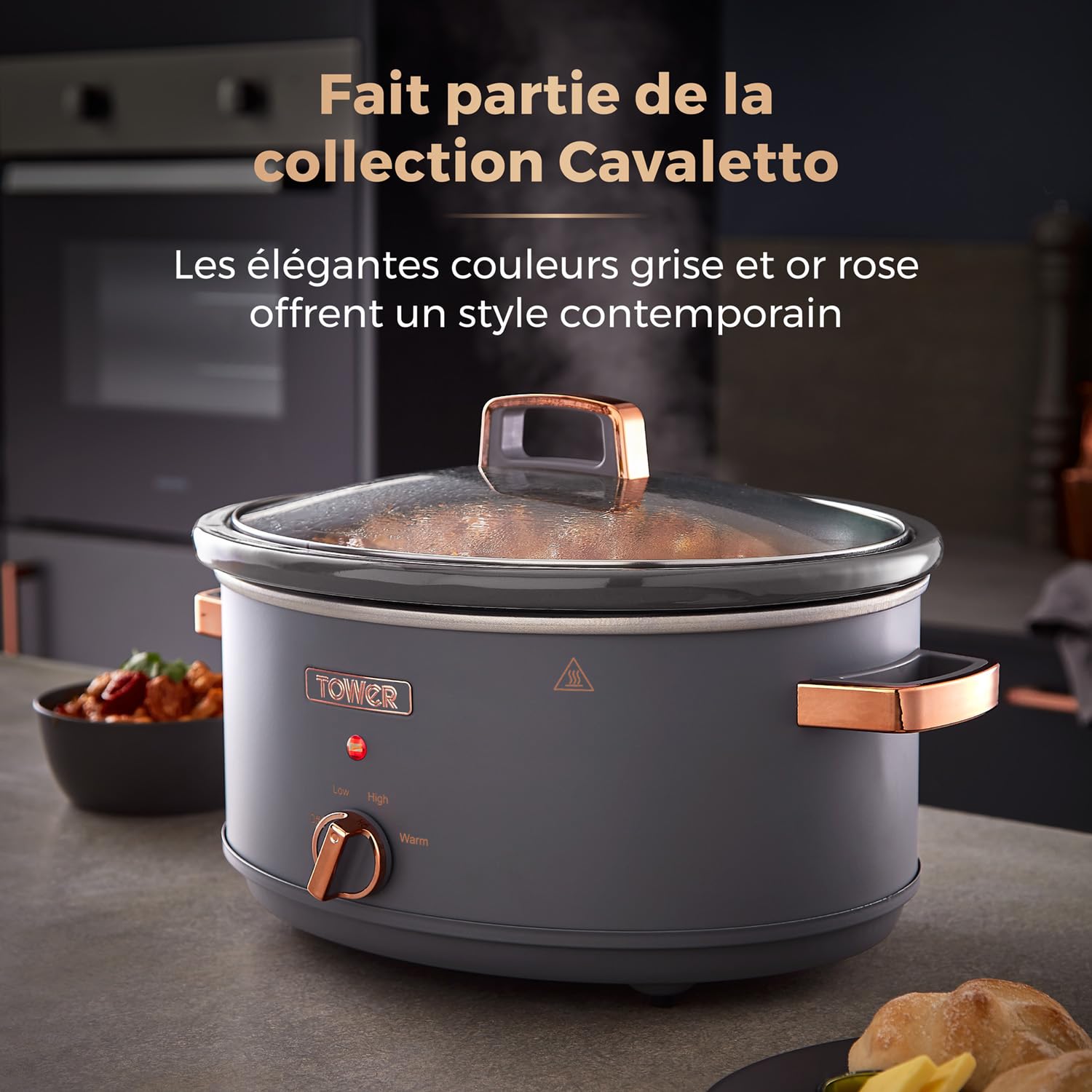 Tower T16043GRY Cavaletto Mijoteuse Électrique 6,5 L - Mijoteuse - Poêle Électrique avec 3 Réglages de Chaleur, Poignées Toucher Froid, Gris et Or Rose