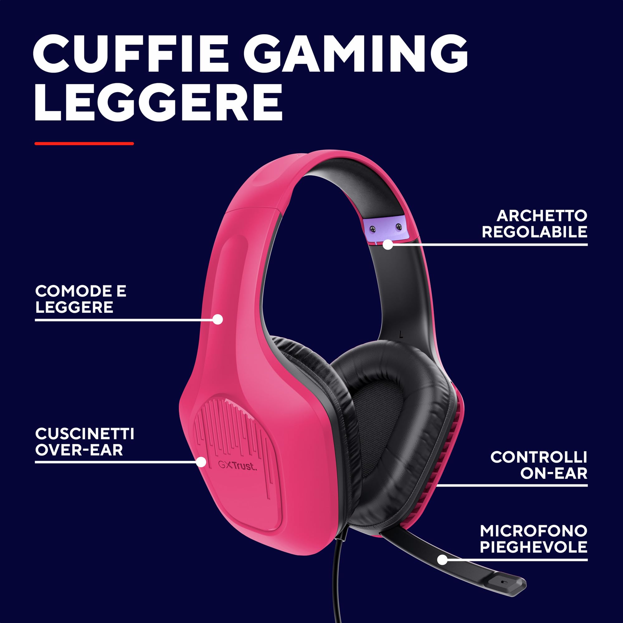 Trust Gaming GXT 418P Rayne Cuffie Gaming Leggere per PC Xbox PS4 PS5 Switch Mobile, Driver da 50 mm, Jack Audio 3.5 mm, Cavo 2m, Cuffie con Microfono Over-Ear, Rosa