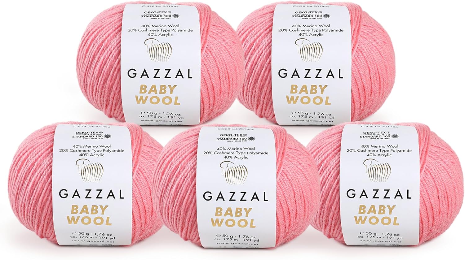 5 Pack - Gazzal Baby Wool 1.76 Oz (50g) / 191 Yards (175m) Fine Baby Yarn, 40% Lana Merino, 20% Cashmere Type Polyamide; (Pink - 828)