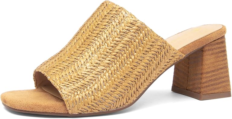 NEWBELLA Womens Raffia Slide Sandals Square Open Toe Chunky Heeled | Metal Chain, Dressy Casual, Summer Shoes