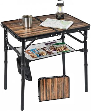 Small Folding Camping Table, 2ft Portable Picnic Table Aluminum 24" x 16" Folding Table, 3 Adjustable Heights Portable Lightweight Table Dining Table for RV, Picnic, Beach Wood Grain