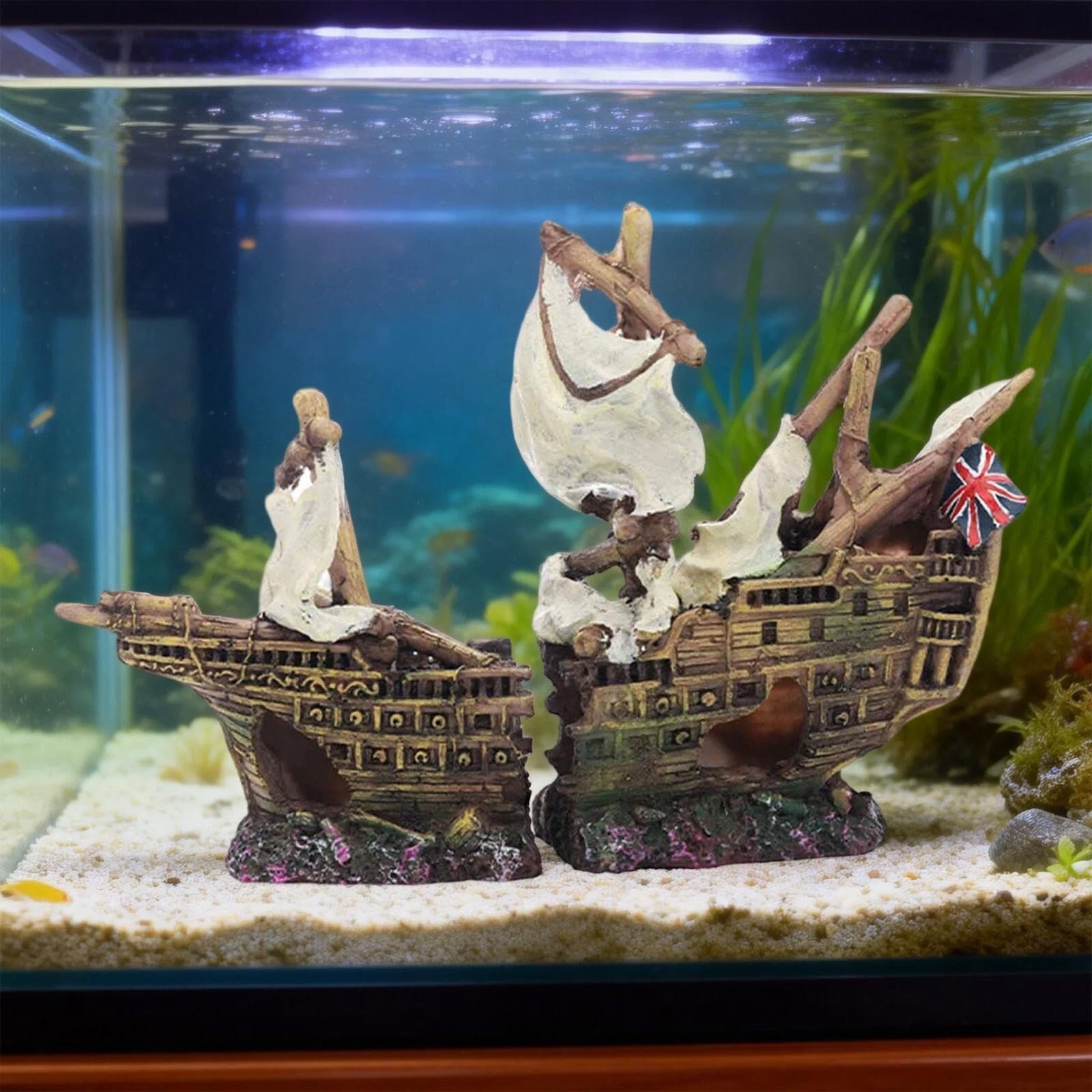 Akwarium wrak statku – wytrzymałe schronienie z żywicy jako kryjówka dla ryb, raków, żab i gadów w basenie rybnym lub terrarium (styl B)