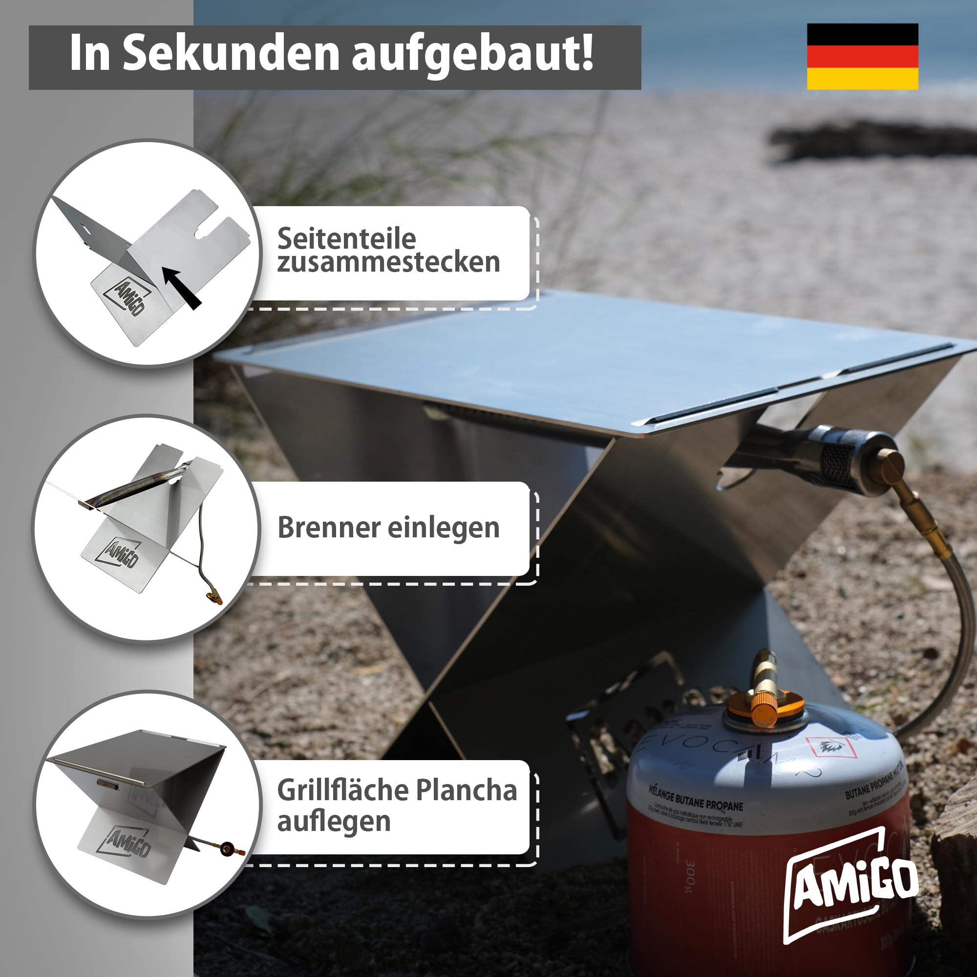 Amigo mobiler Camping Gasgrill klein & klappbar I mini Camping Grill mit Plancha inkl Trage-Tasche I perfekt für Outdoor-Fans, Camper, Balkon I Klappgrill Tischgrill made in Germany