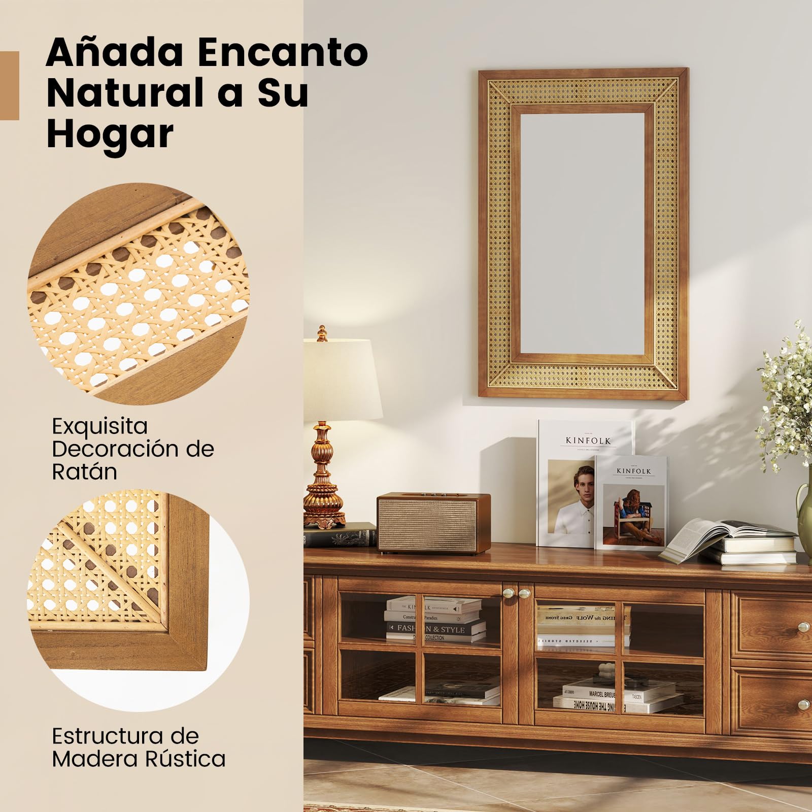 GOPLUS Espejo de Pared de Ratán, Espejo Colgante Rectángulo, Vidrio de Aluminio, Decorativo Rústico para Sala, Dormitorio, Entrada, Baño, Instalación Fácil, Natural, 90 x 60 cm