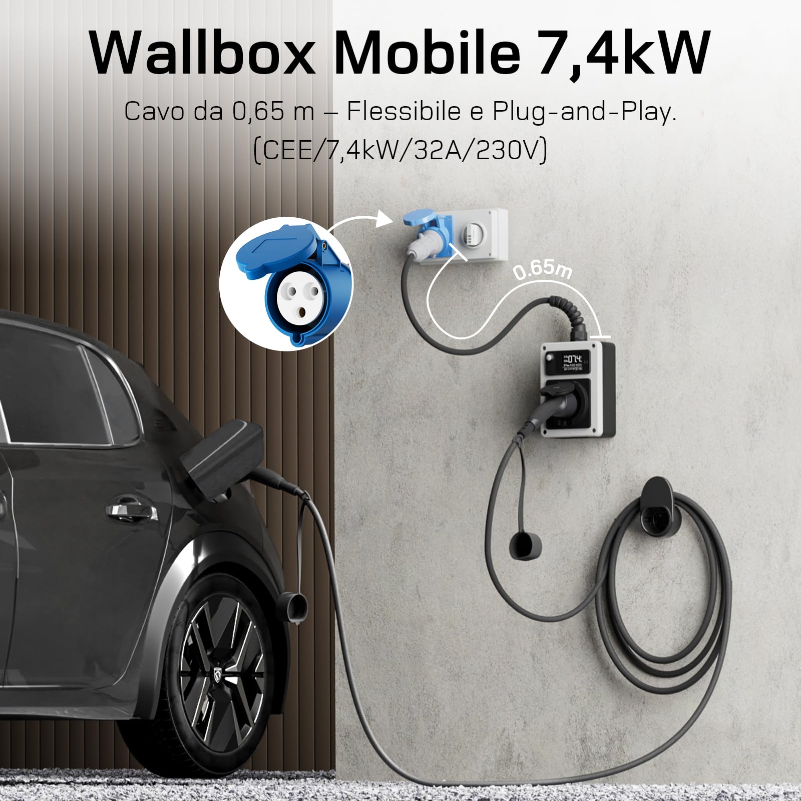dé Mobile Wallbox 7,4kW 32A con App, Colonnina Ricarica Auto Elettrica, Stazione di Ricarica 7,4kW con Contatore Elettrico e Scheda RFID, per e-208 e Altri EV e PHEV