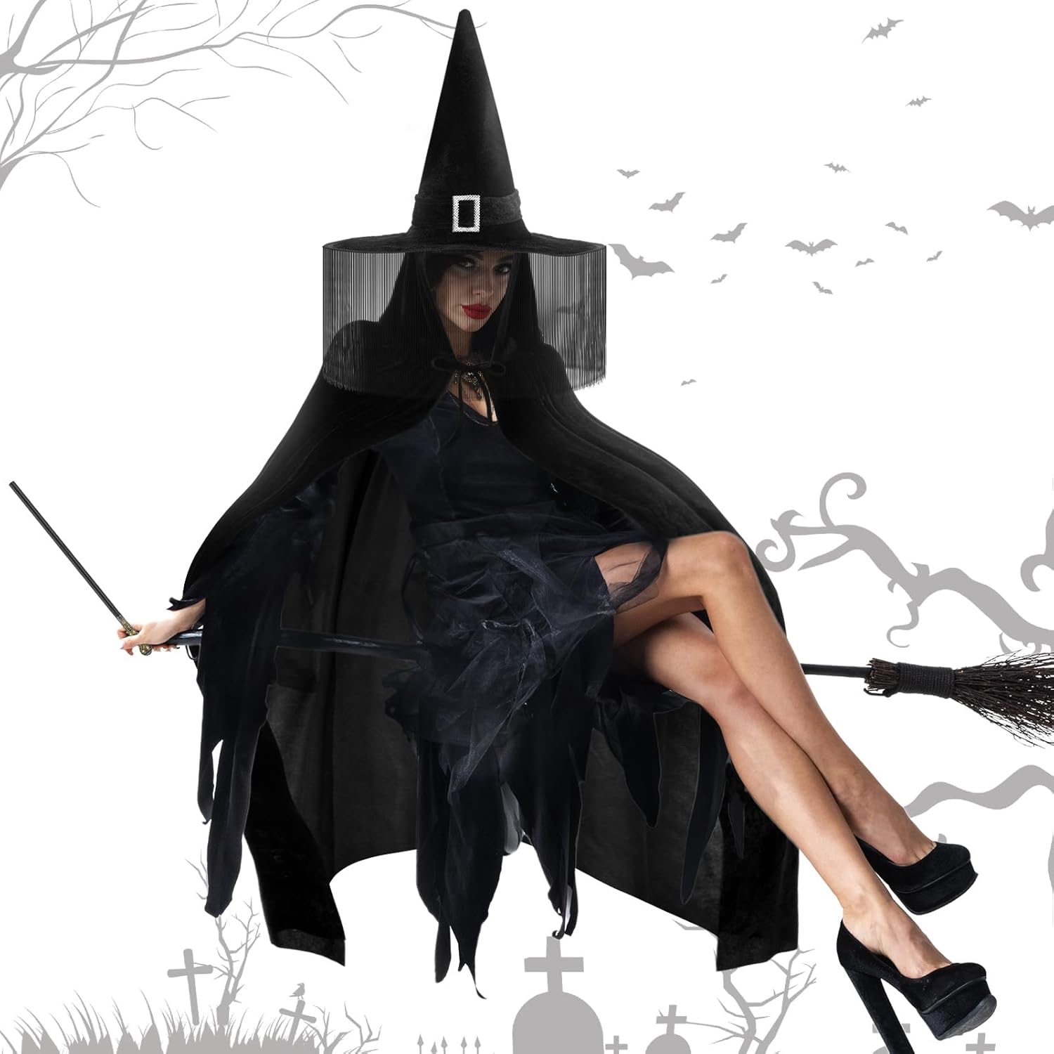 5 Pcs Halloween Witch Cosplay Costume for Women Wizard Cloak with Hat Nose Witch Hat Necklace Wand for Halloween Party Supplies - Image 6