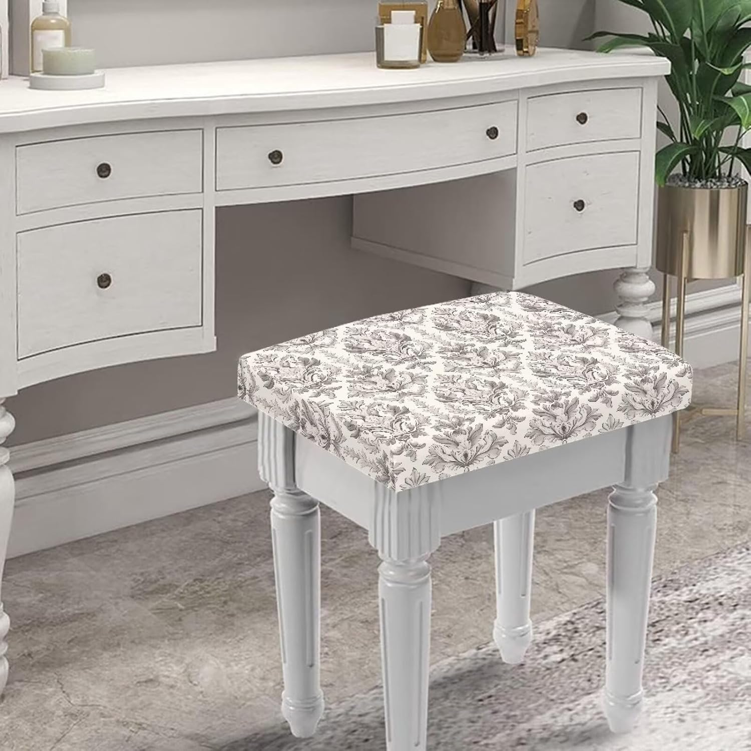 Bar Stool Covers Set Non Slip Grey Damask Saddle Seat Cover for Rectangle Island Chair Stretch Rectangle Stool Slipcover for Kitchen Island & Club Decorations - 2 Pack