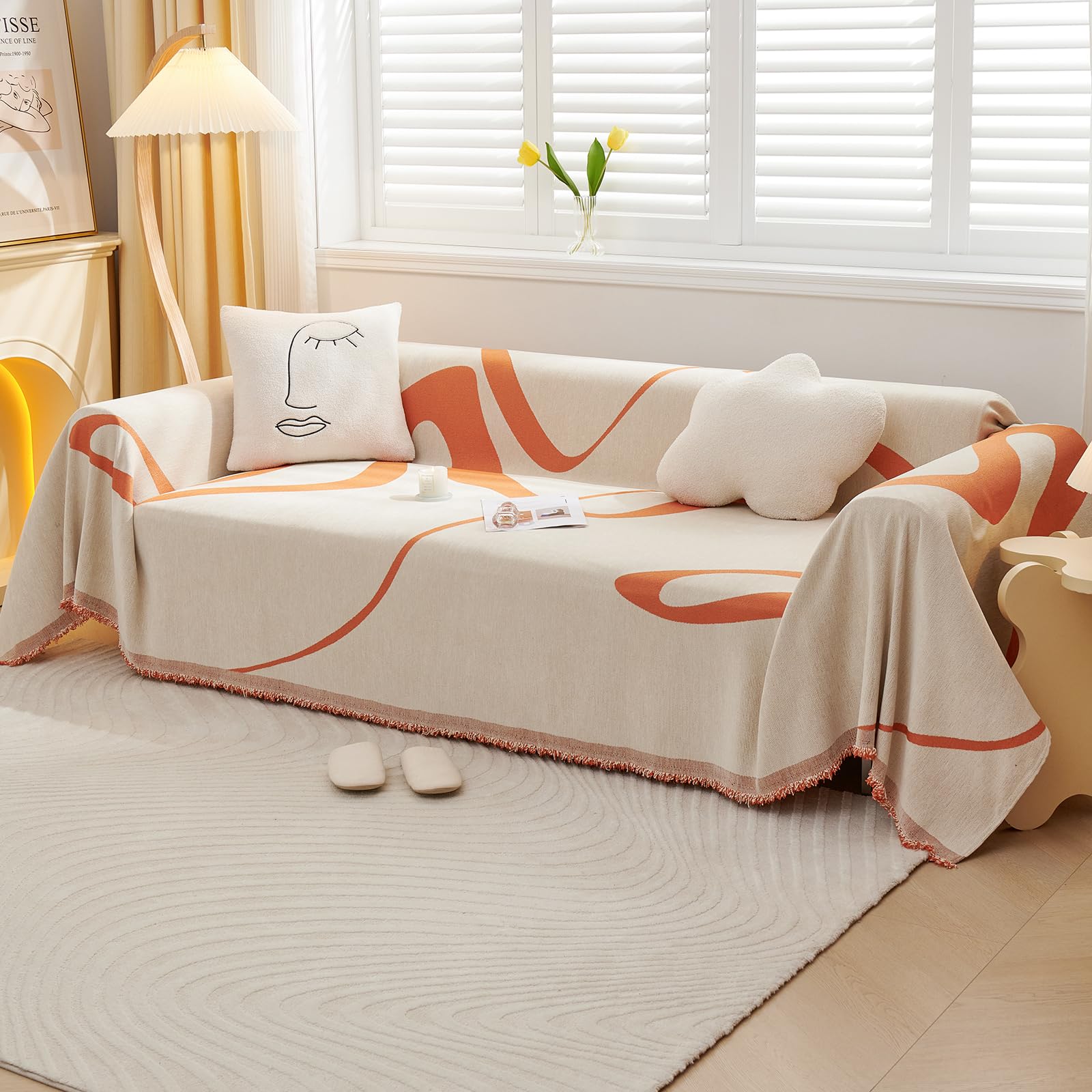 Manta sofá Funda de sofá Decorativo Universal Cuatro Estaciones Borla Tejida Almohadilla sofá Abstracción Geometría Líneas Multifuncional Suave Cómodo Cover Cubre sofá 180 * 340cm Naranja