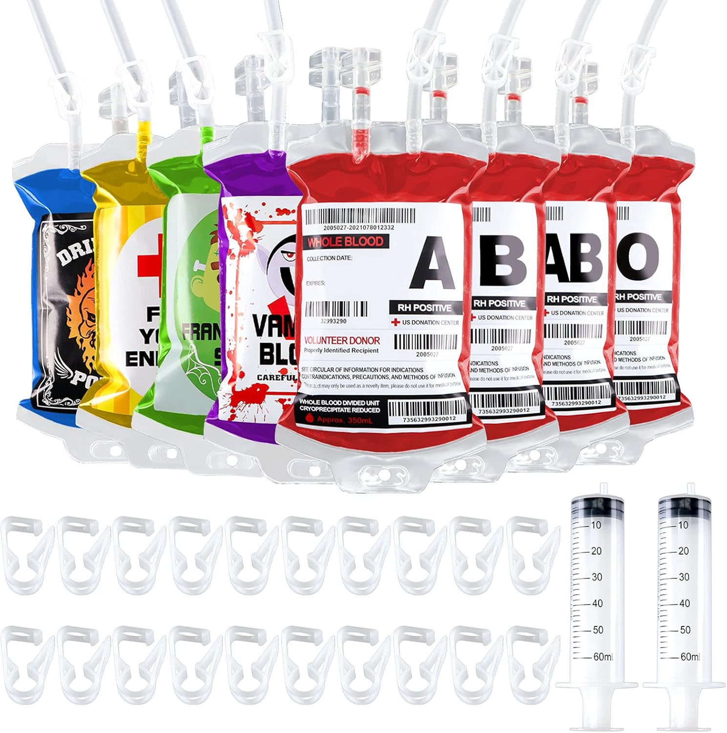 20 Pack Blood Bag for Drink IV Bags, 12 FL Oz Reusable Cups Containers with 40 Labels & 20 Clips & 2 Syringe for Halloween Vampire Zombie Nurse Graduation Hospital Theme Party Props : Industrial & Scientific