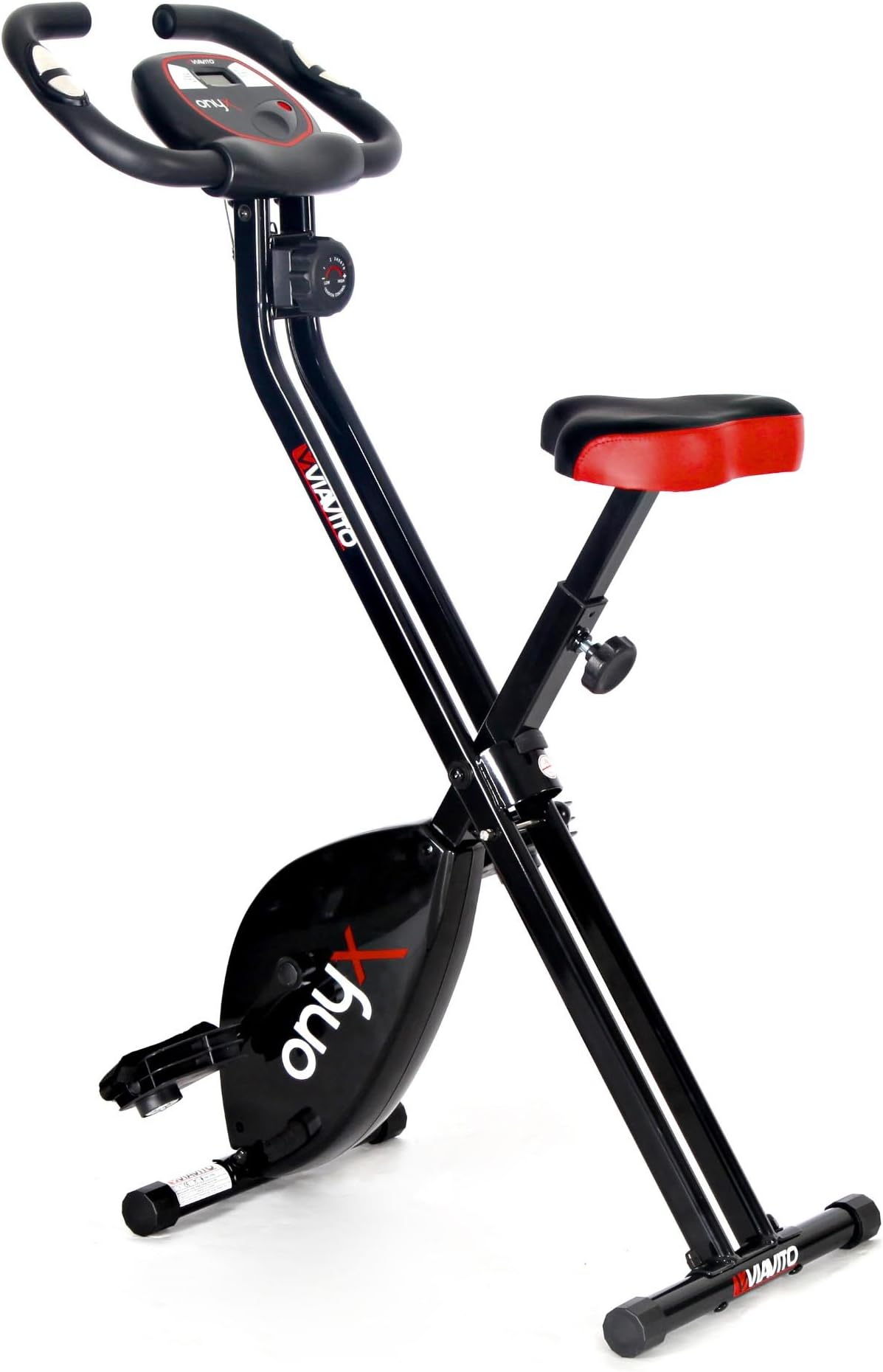 VIAVITO Folding Exercise Bike Onyx Compact Upright Stationary X-Bike Home Indoor Cycling Workout Fitness Equipment, 8 Magnetic Resistance Levels, LCD Display, Pulse Sensors, Comfortable Padded Seat