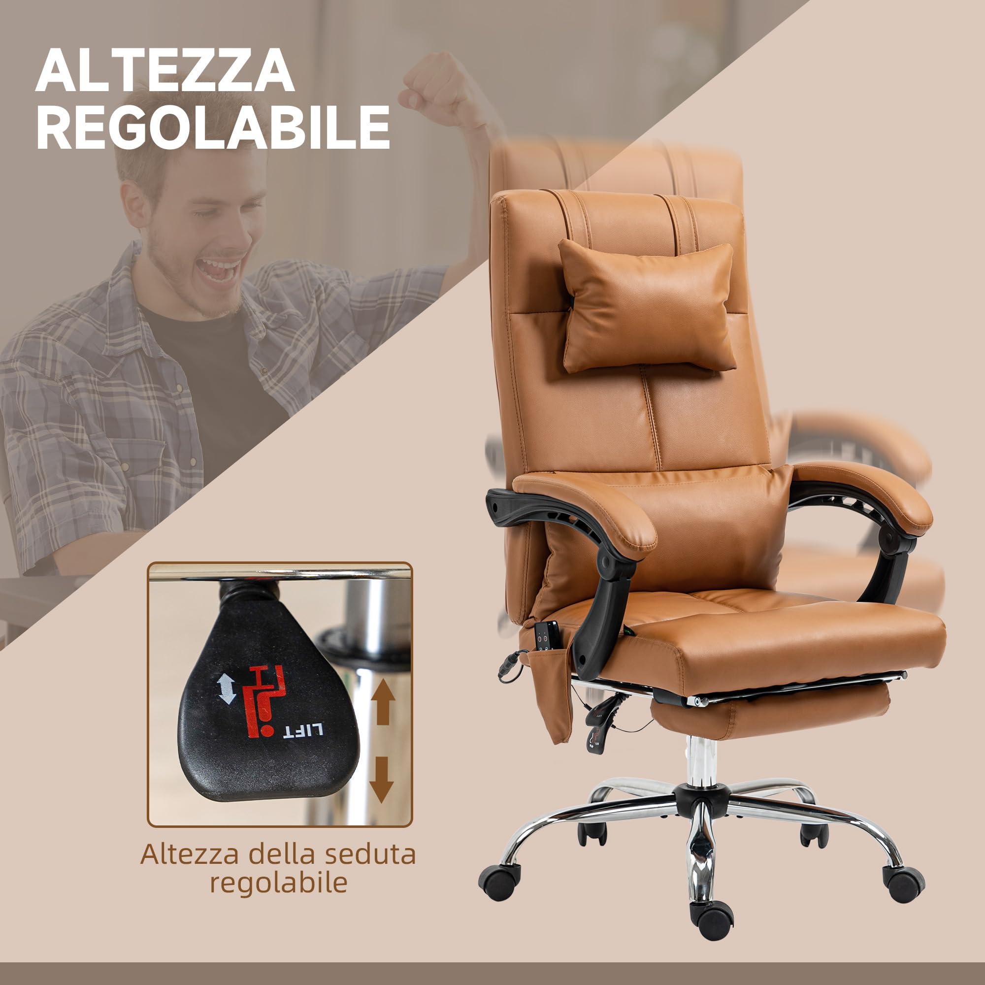Vinsetto Silla de Oficina Ergonómica con Masaje y Calefacción, Silla de Escritorio Reclinable de Altura Ajustable con Respaldo Alto y Reposapiés, Cuero de PU para Ordenadores, Marrón Claro