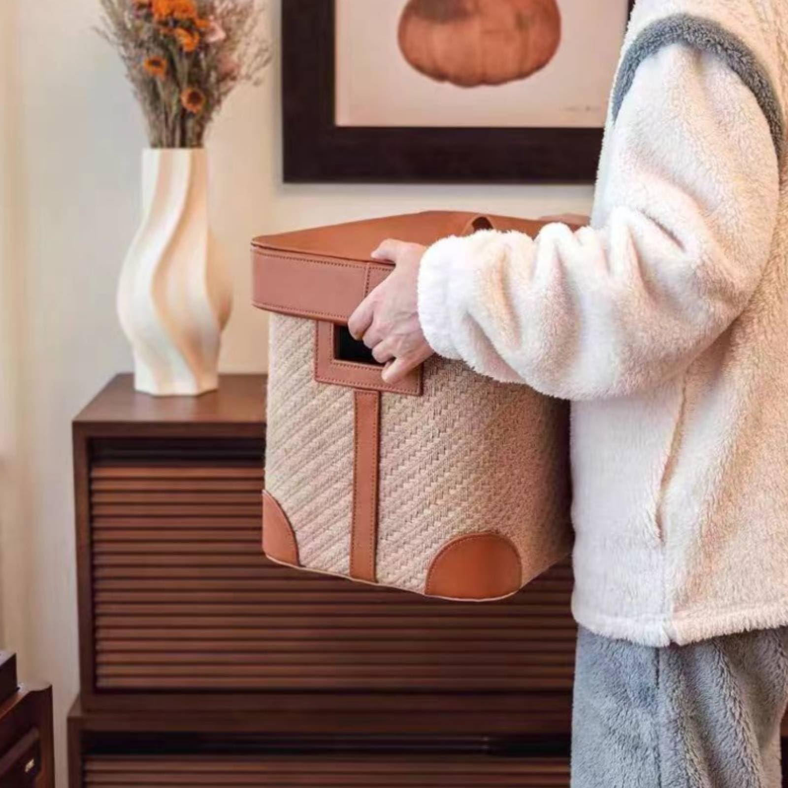 Caja Tejida Hecha a Mano Caja con Asa Tejido Suave Organizador, Naranja, Grande