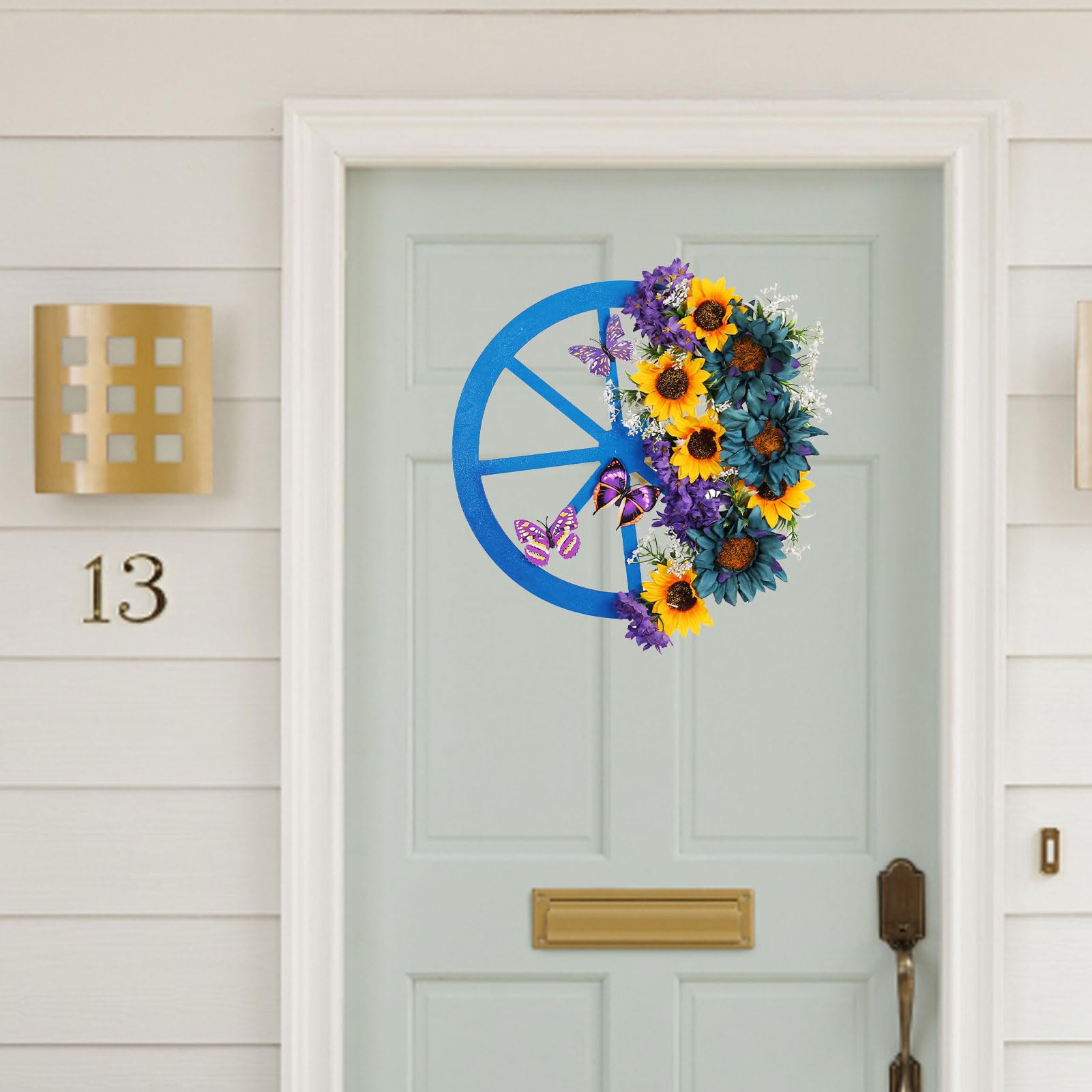 Ghirlanda Di Benvenuto Con Girasoli E Farfalle | Decorazione Da Porta In Metallo 33 Cm | Coccinelle E Fiori Finti Per Esterno