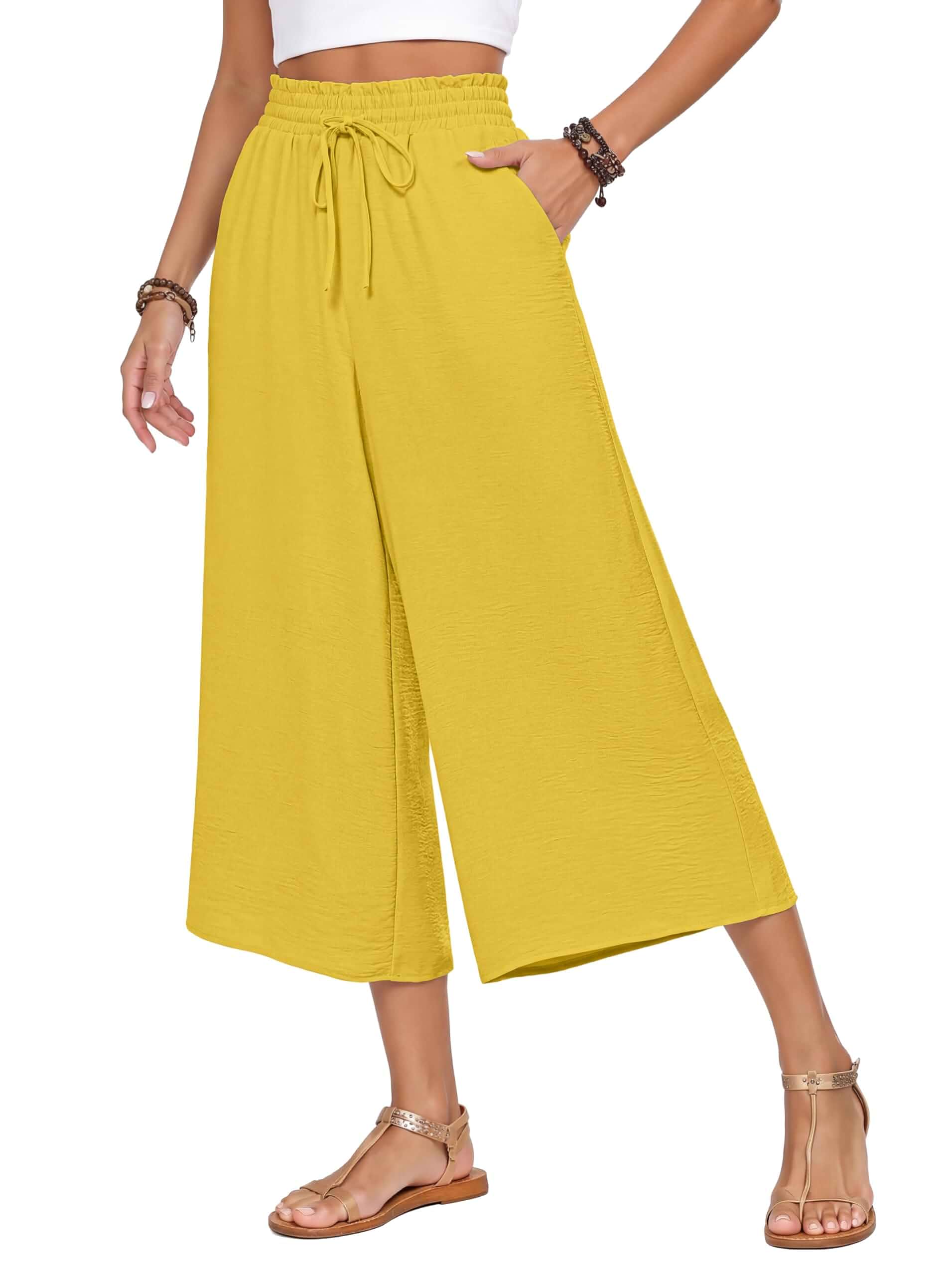CZYINXIAN Flowy Pants for Women High Waisted Smocked Wide Leg Palazzo Pants Dressy Casual Trousers with Pockets