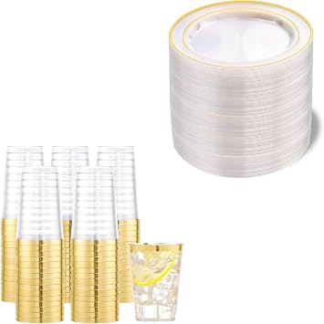 I00000 100 Count 7 Inch Clear Gold Rim Plastic Plates & 100 Count 10 oz Gold Rim Plastic Cups, Heavy Duty Plastic Dessert Plates and Fancy Disposable Clear Cups for Weddings, Parties and Events