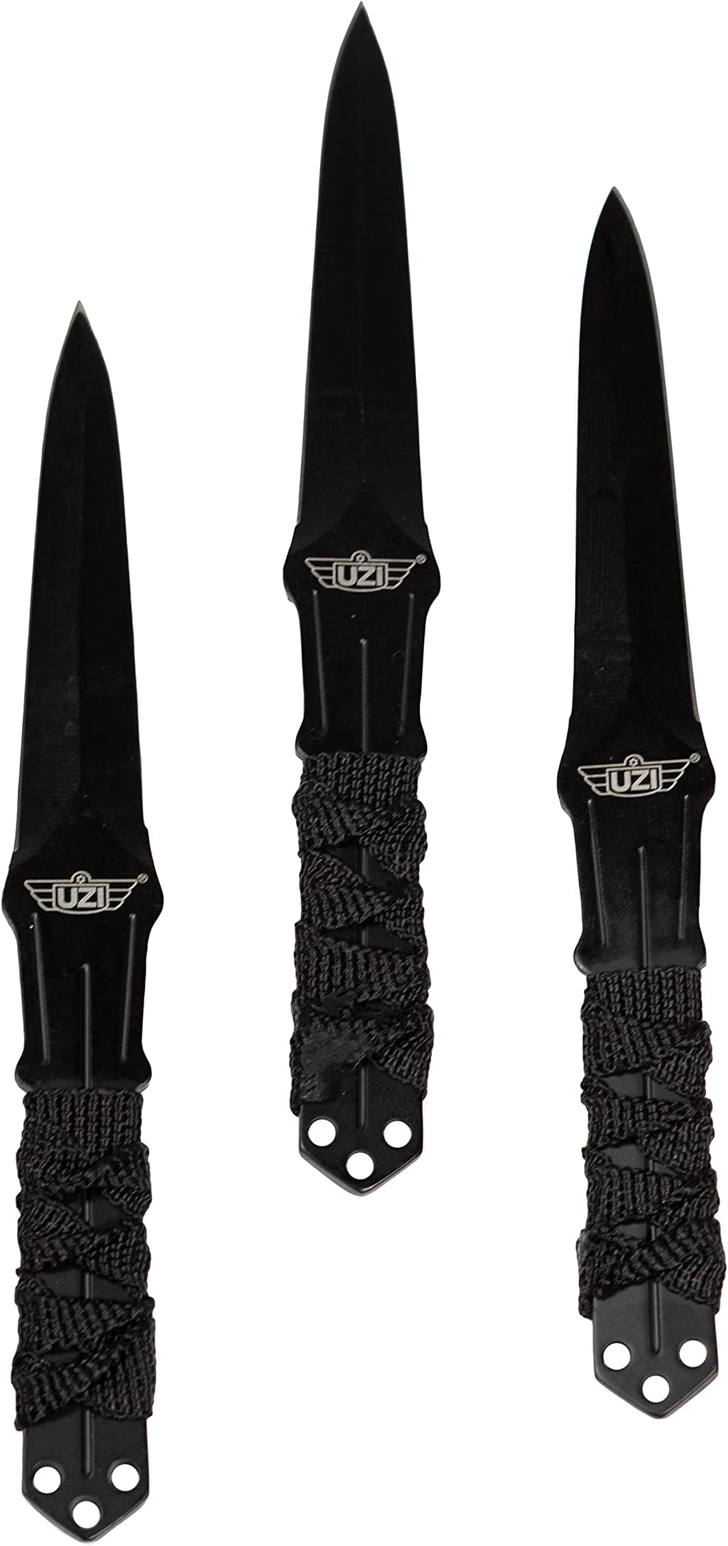 UZI 3 Stainless Steel Throwing Knives Set with Nylon Sheath, Black/Silver Blades, Black Handle