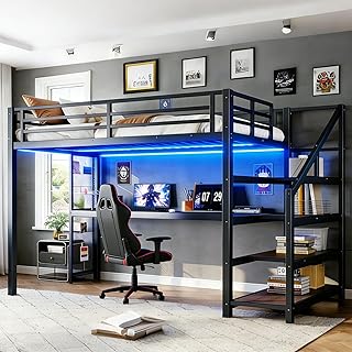 Bellemave Twin XL Loft Bed with Desk & Storage Stairs, Metal Twin XL Loft Bed Frame with Iron Nets, LED Lights & USB Ports, Heavy Duty Adult Loft Beds for Kids, Teens, Adults, Noise-Free, Black