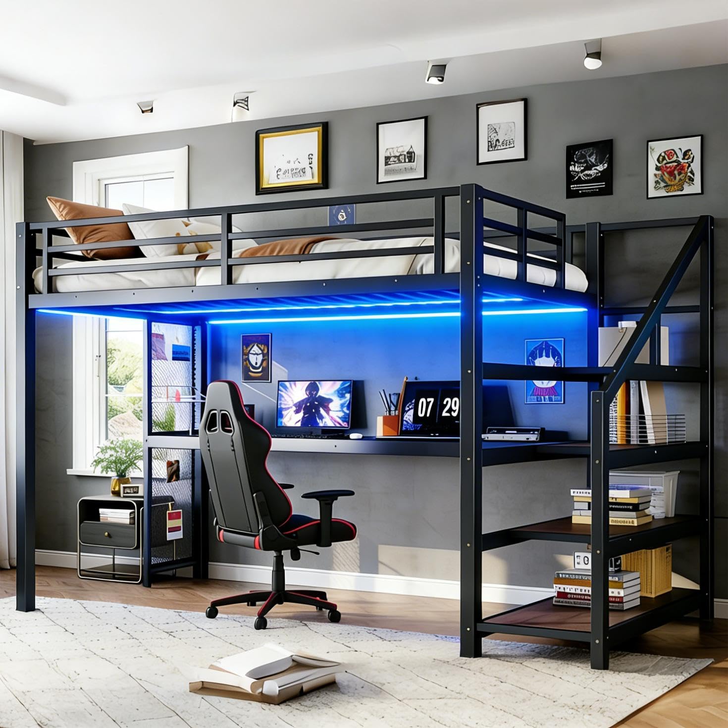 Bellemave Twin XL Loft Bed with Desk & Storage Stairs, Metal Twin XL Loft Bed Frame with Iron Nets, LED Lights & USB Ports, Heavy Duty Adult Loft Beds