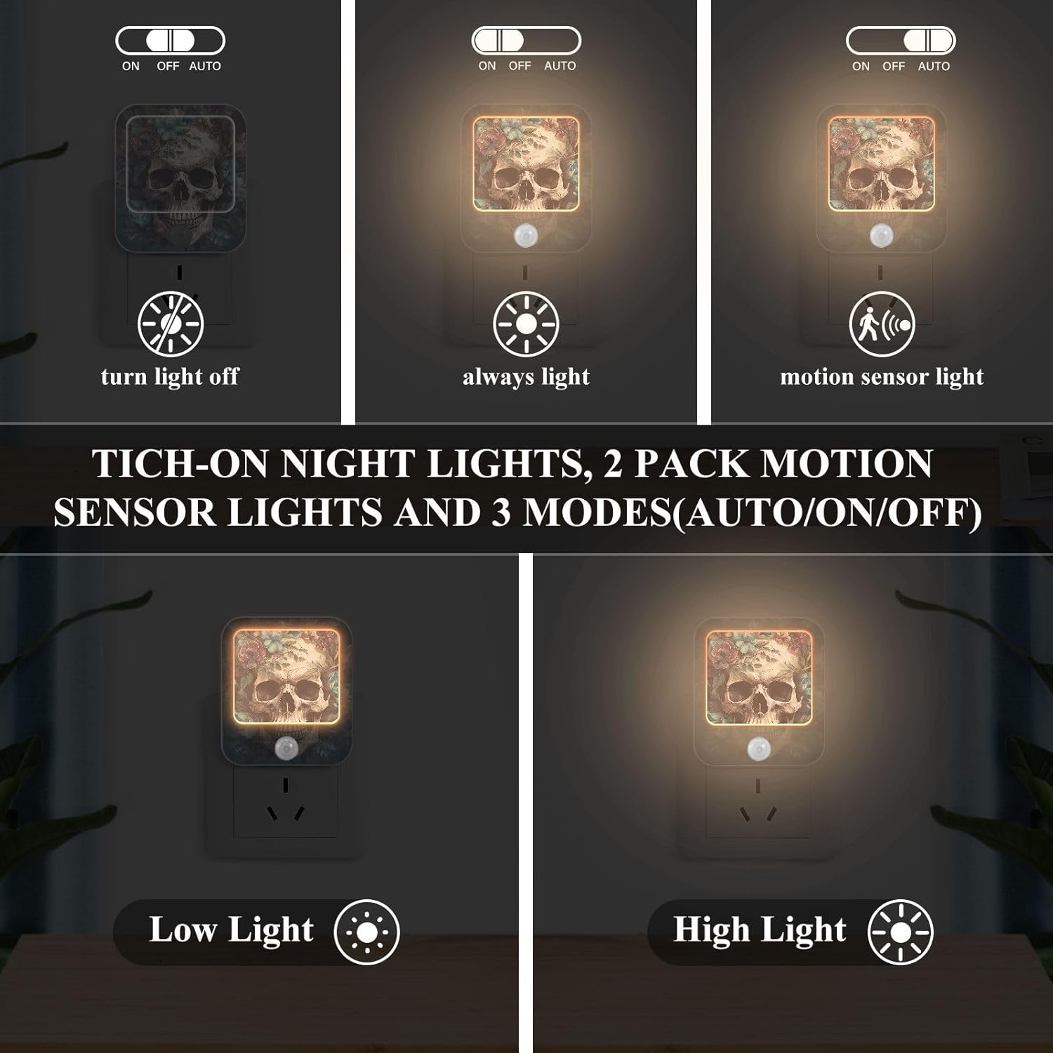 Night Lights Plug into Wall - Portrait Skull Flower, 2 Packs Motion Sensor & Dusk to Dawn Sensor Dimmable Sleep Friendly Decorative Night Lamp