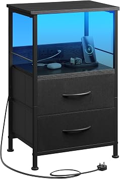 WLIVE Black Bedside Table with Charging Station, Side Table with Drawers and LED Light, 2 Outlets and 2 USB Ports, End Table for Bedroom, Dorm, Black