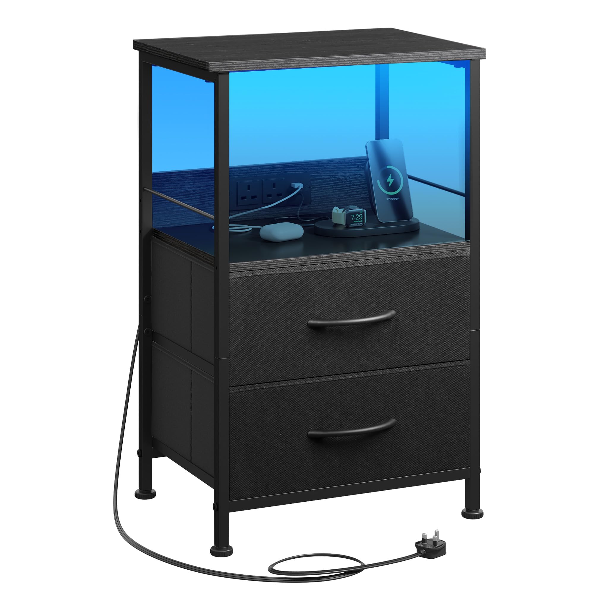 WLIVE Black Bedside Table with Charging Station, Side Table with Drawers and LED Light, 2 Outlets and 2 USB Ports, End Table for Bedroom, Dorm, Black