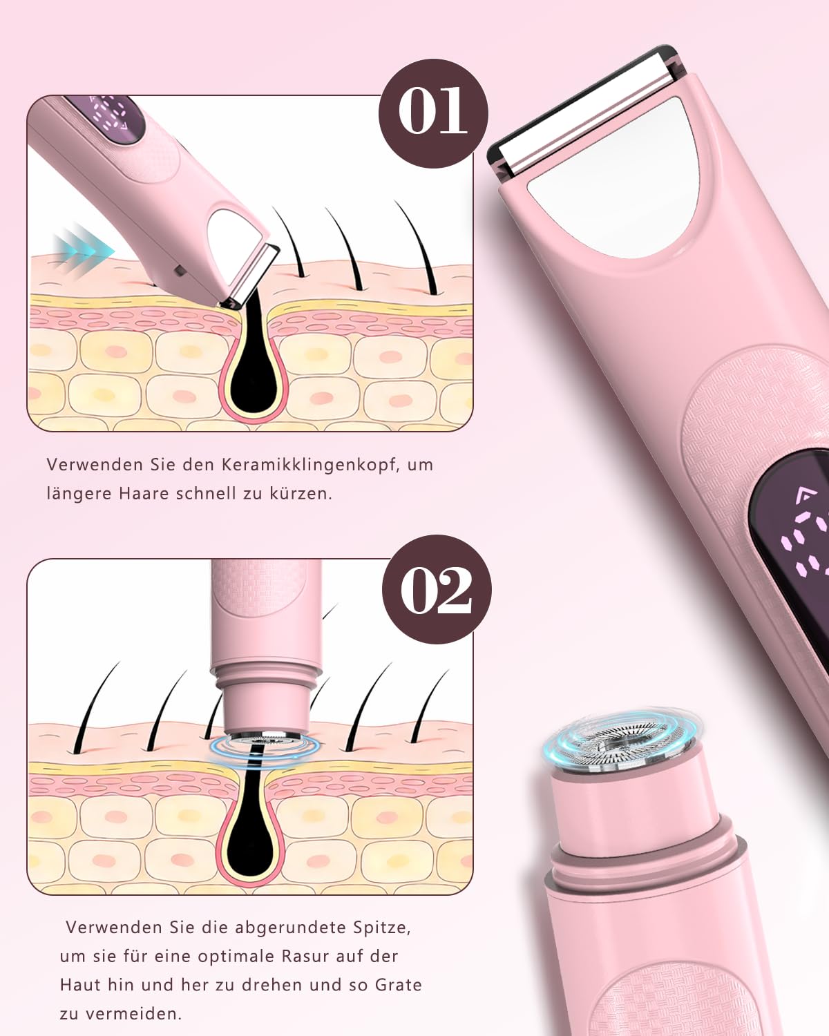 Afeitadora Eléctrica Mujer, Set de Depiladora Electrica 3 en 1 para Mujer, IPX7 Utilizable en seco/mojado Recortadora Corporal Mujer, Apto para Facial, Cuerpo y Las Zonas íntimas