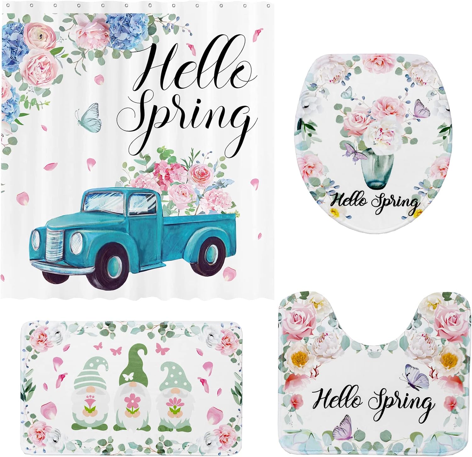 Rtteri 4 Pcs Hello Spring Truck Shower Curtain Bathroom Set Easter Spring Floral Shower Curtain with 12 Hooks Gnome Non Slip Rug Toilet Lid Cover and U Shaped Mat Waterproof Bathroom Accessories Decor