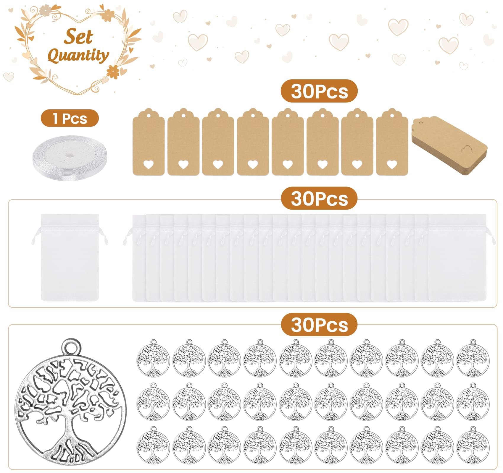 Gastgeschenken doop, 30 stuks levensboom-hangers met 30 stuks witte