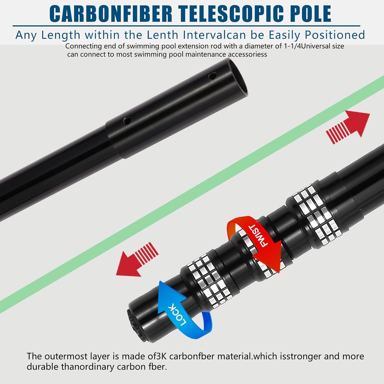 Swimming Pool Pole Carbon Fiber, 4-Section Telescopic 15 Foot, Lightweight and Easy to Grip Adjustable Cleaning Pole, Used for Pool Cleaning, Connected to Fishing net, rake, Brush