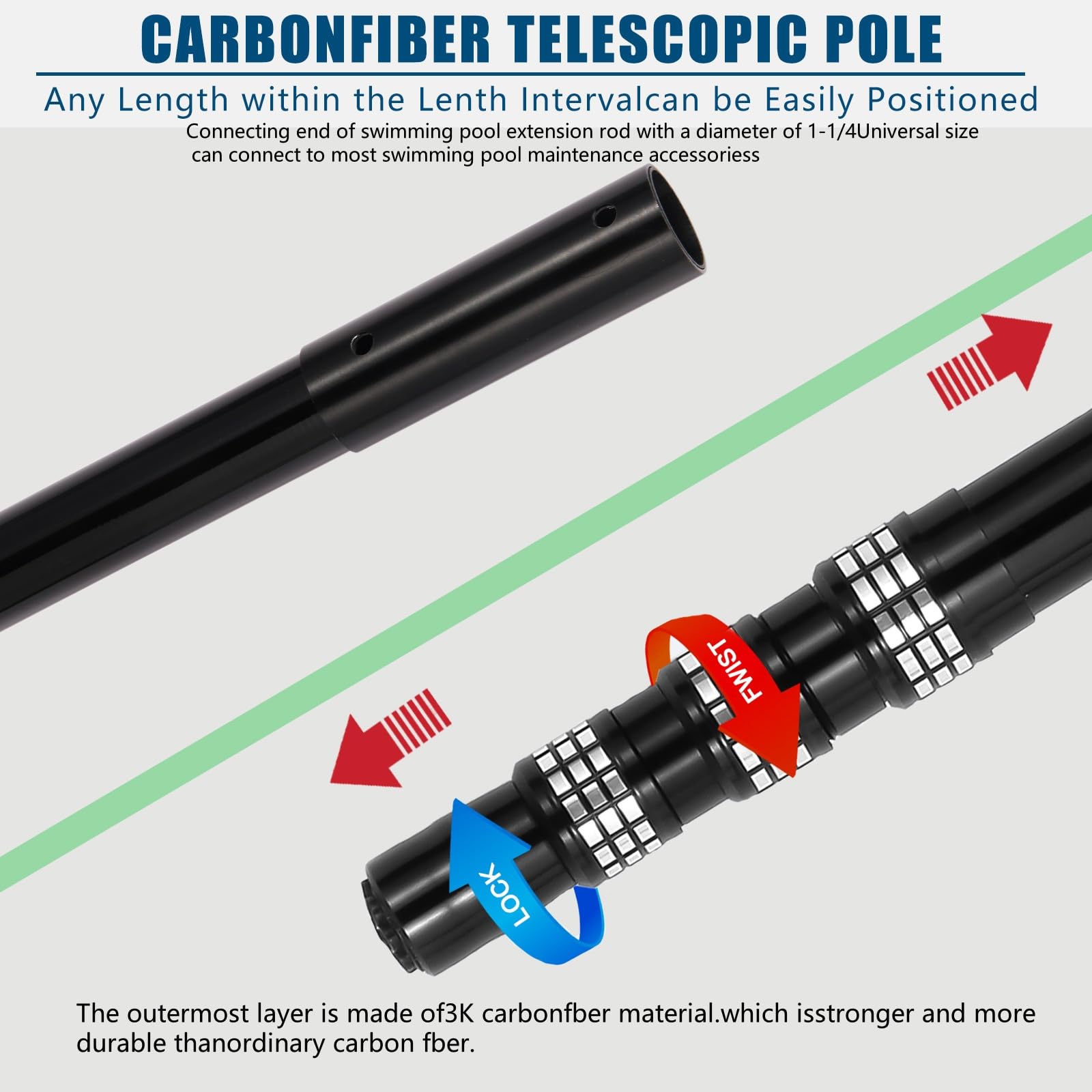 Bâton de piscine en fibre de carbone, télescopique à 4 sections de 4,5 m, léger et facile à prendre en main, bâton de nettoyage réglable, utilisé pour le nettoyage de la piscine, connecté à un