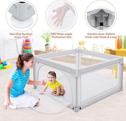 Miniatura 3 de Costzon Corralito para bebés, extra grande con 50 bolas oceánicas, puertas de seguridad para bebés con ventosas antideslizantes, vallas para niños