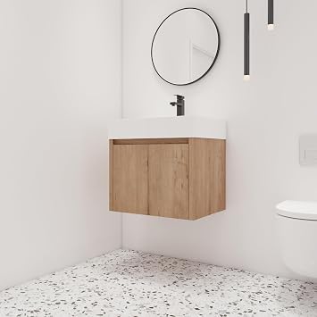 Malwee 30 Inch Floating Bathroom Vanity with Resin Sink, 2 Doors, Brown | Wall-mounted bathroom vanity with white resin basin top, 2-door storage, plywood cabinet with brown laminate finish
