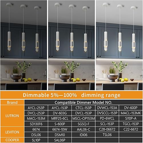 Miniatura 4 de LBSQJ Lámpara moderna para isla de cocina, mini lámpara colgante blanca para colgar en el techo, luz LED regulable cromada, iluminación colgante