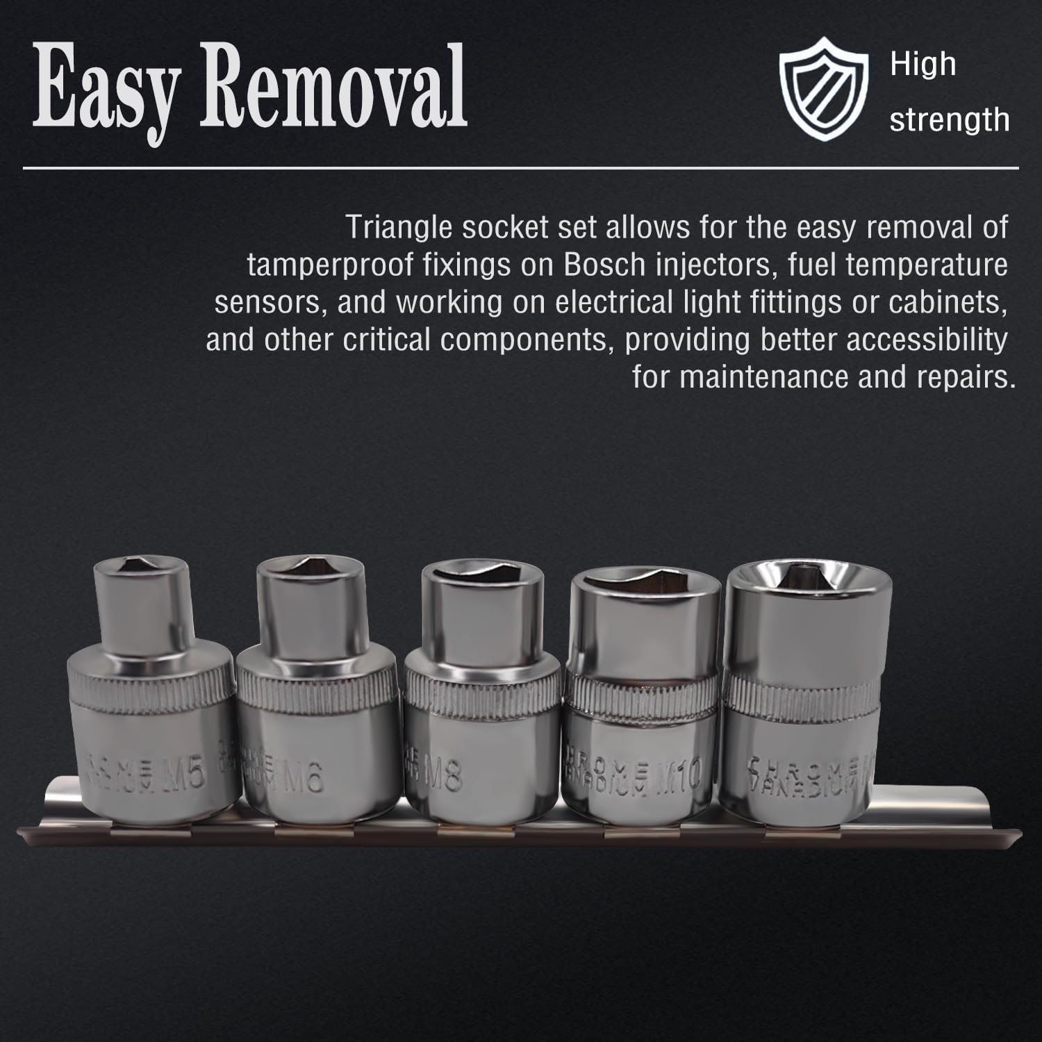 5Pcs 1/2" Dr. Triangle Bolt Socket Set, Triangular Socket Kit for TDI engines Tamperproof Fixings on, Bosch injector Replace pump seals Electrical Light Fittings Electrical Cabinet Remover