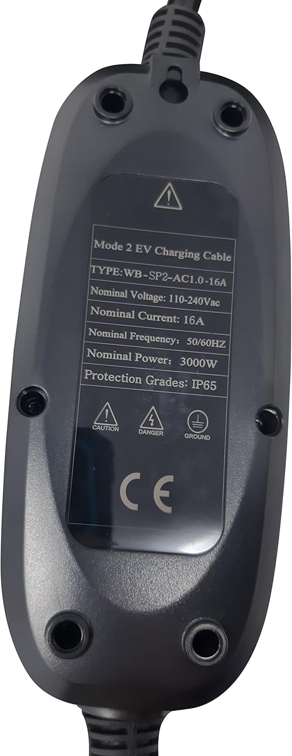 Back of the EV charger control box showing technical specifications label.