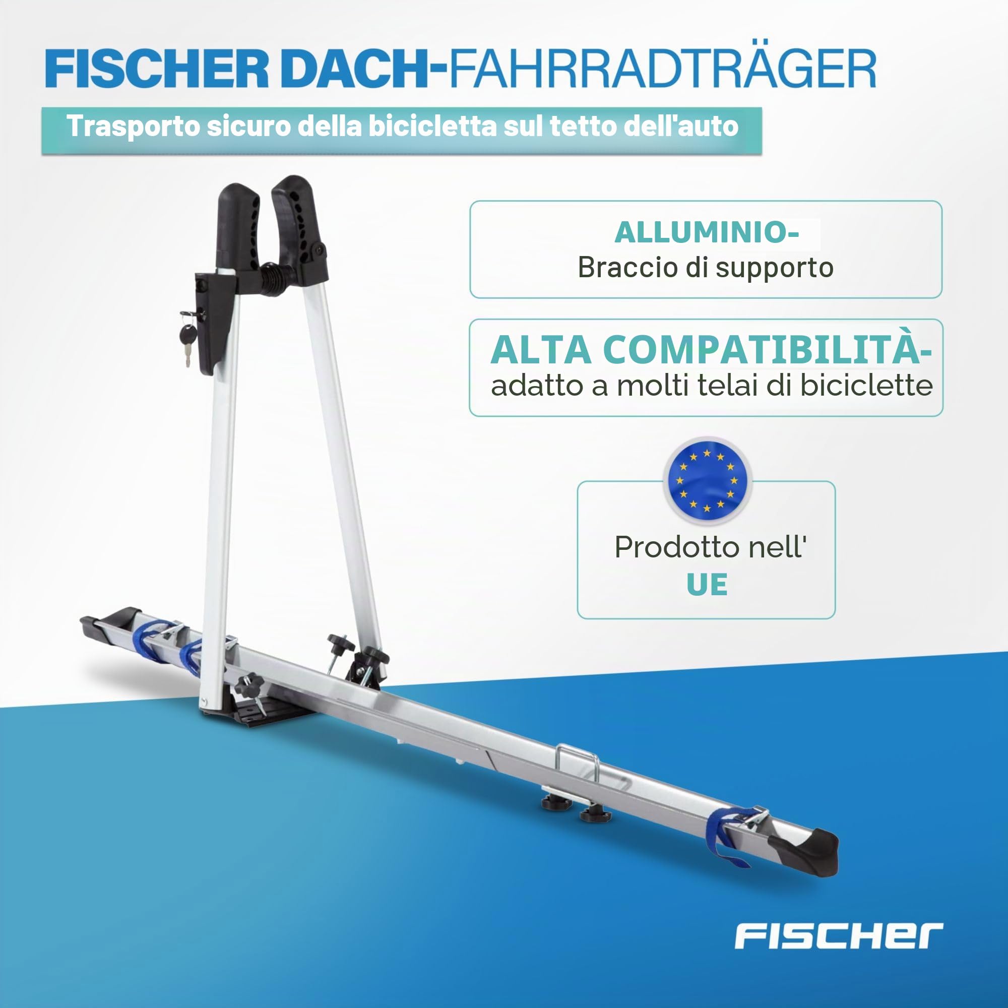 FISCHER, portabici da tetto per auto, testato TÜV GS, adatto per una bicicletta, carico fino a 15 kg, con serratura, argento