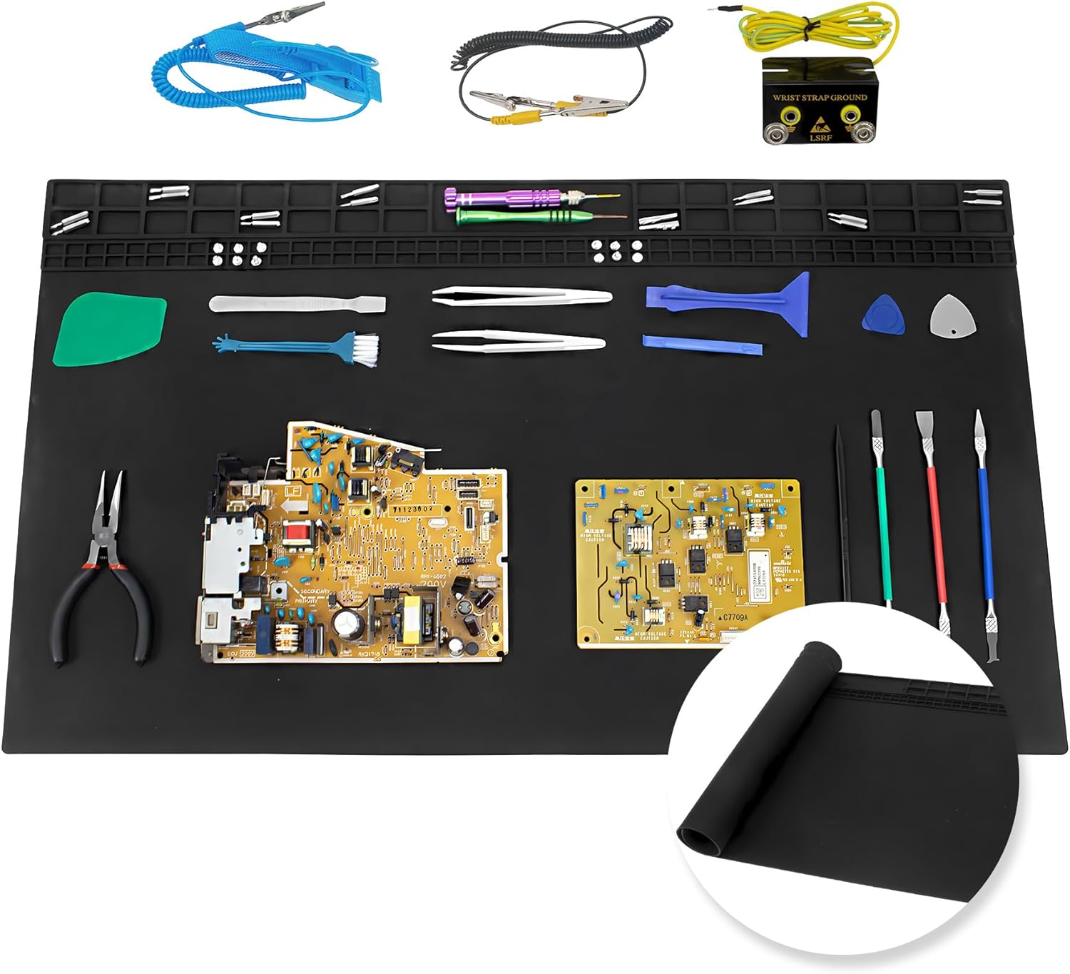 27.6'' x 15.7'' Extra Large Soldering Mat with Wrist Strap & Grounding Accessories, 932°F Heat Resistant Silicone Repair Mat, Oversized Work Mat for Cellphone Laptop Electronics Repair (Black)
