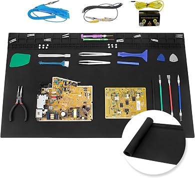 27.6 x 15.7 Extra Large Soldering Mat with Wrist Strap & Grounding Accessories, 932F Heat Resistant Silicone Repair Mat, Oversized Work Mat for Cellphone Laptop Electronics Repair Black