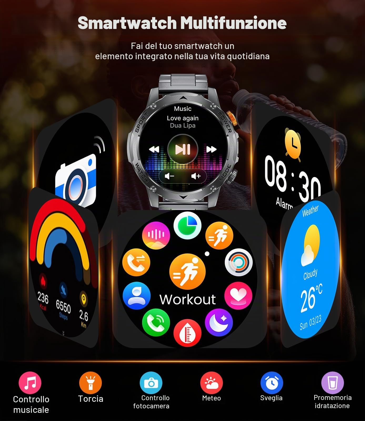 Smartwatch Uomo con 1000mAh/Torcia,1.75" Orologio Intelligente Fitness con Chiamate,5ATM Impermeabile Militari Smart Watch Tracker per Cardiofrequenzimetro SpO2,3 Cinturini, Nero