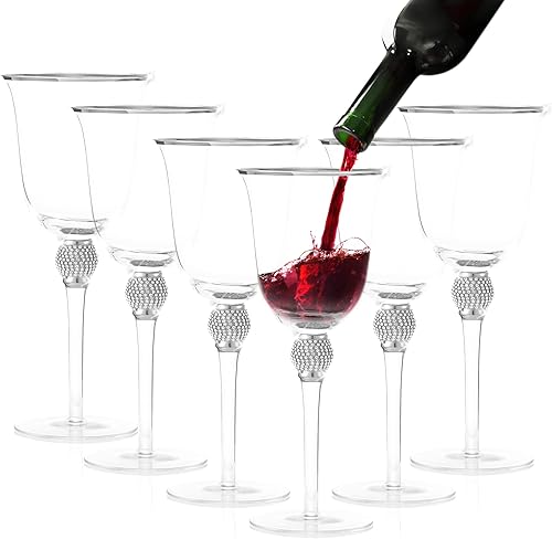 Juego de 6 copas de vino de alta calidad, copa de vino de tallo largo con borde plateado y diseño de diamantes de imitación, 18 onzas