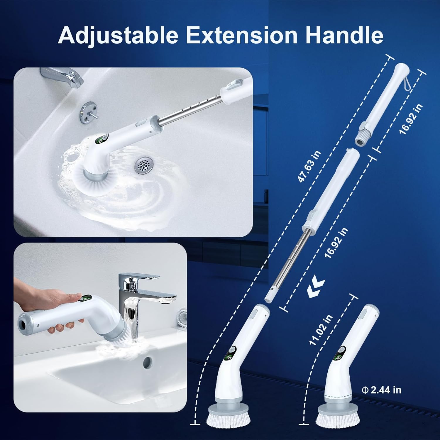 Diagram showing the adjustable extension handle of the LABIGO scrubber and its various lengths