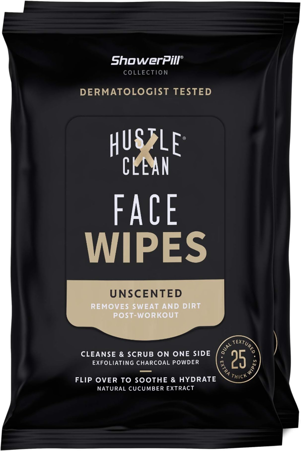 The Face Wipe by Hustle Clean - ShowerPill Collection - Dual-Textured Cleansing Cloth with Charcoal and Cuber Formulation - 50 Wipes