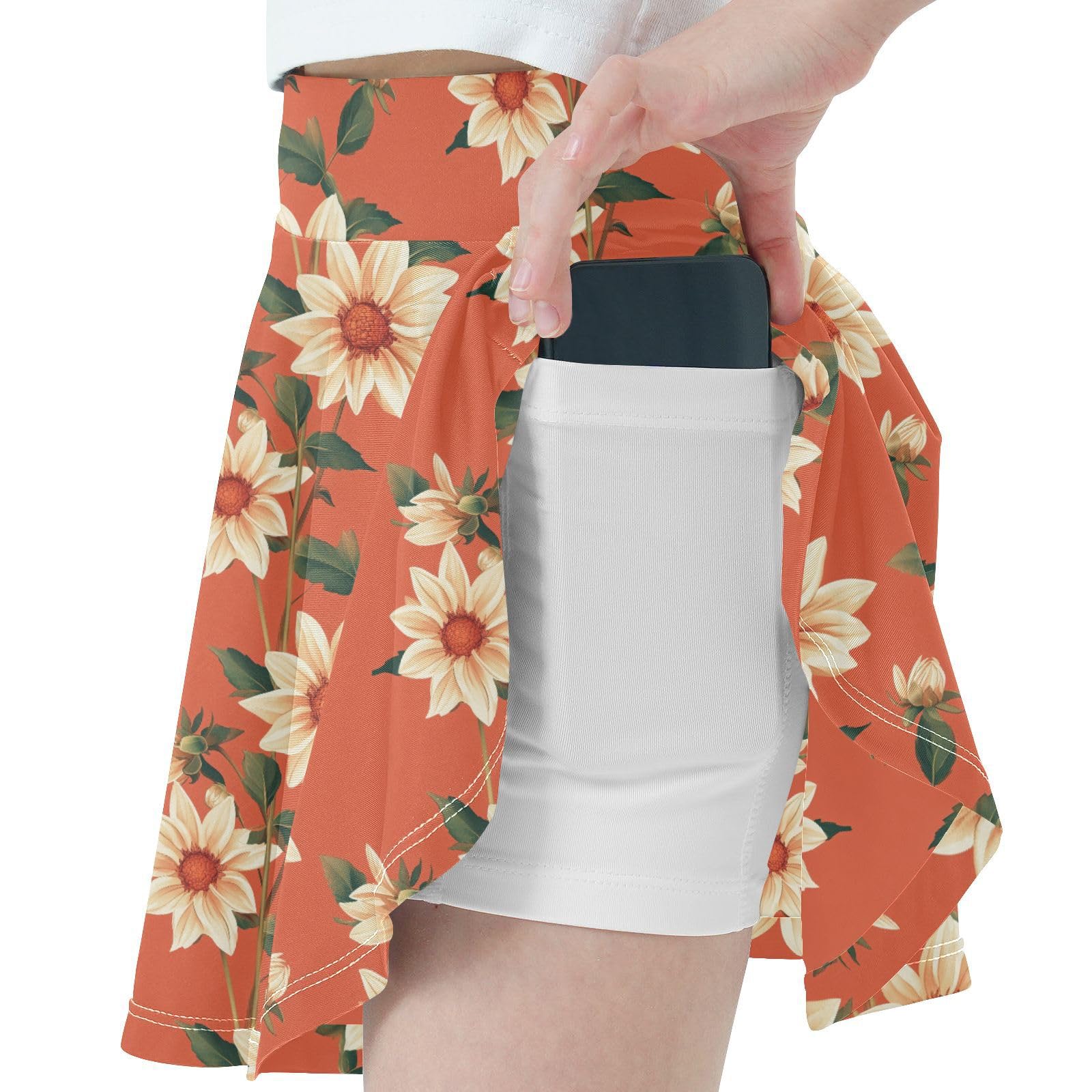 Vintage Dahlia Flowy Tennis Skirt for Girls with Shorts Pleated Skirt for Kids with Pockets Girl Skort Terracotta