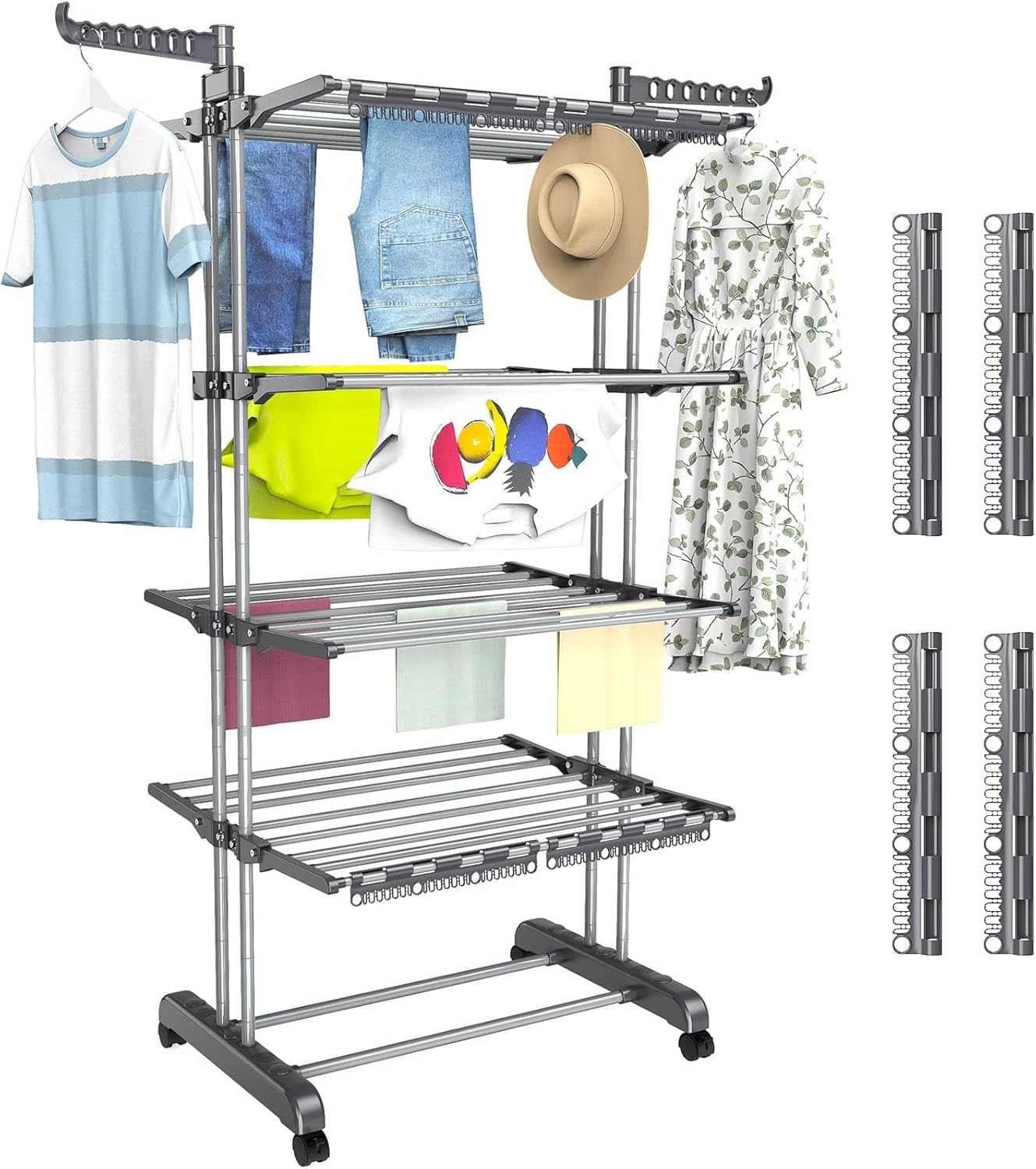 5 Tier Clothes Drying Rack Oversized, Foldable& Adjustable Height Rolling Clothes Rack Stainless Steel with 4 Castor, 32 Drying Poles,14 Hook& 4 Sock Clippers, Drying Rack Clothing for Indoor& Outdoor
