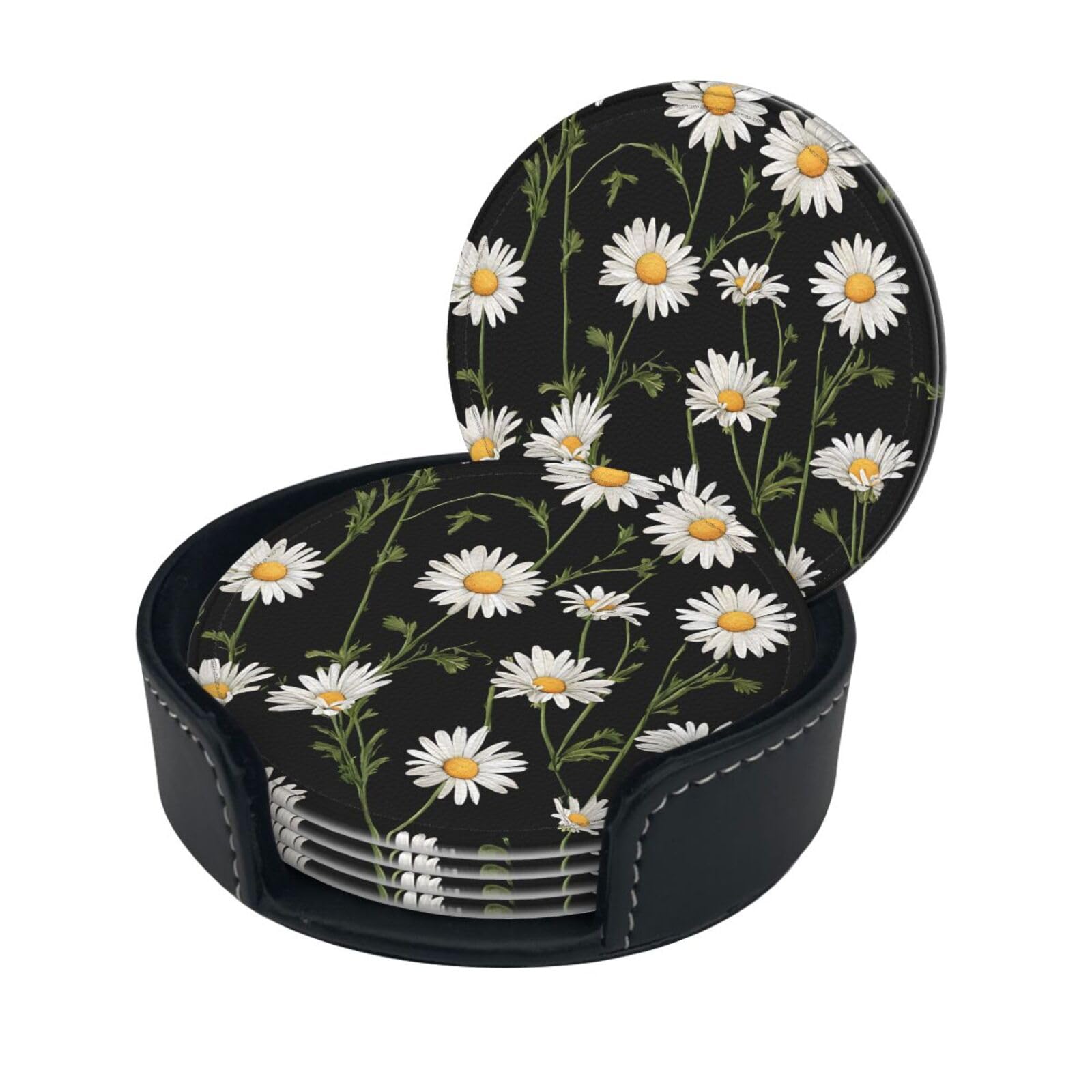 Daisy Print Coaster,Round Leather Coasters with Storage Box for Wine Mugs,Cold Drinks and Cups Tabletop Protection (6 Piece)