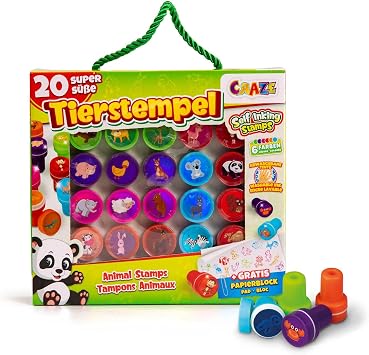 CRAZE 26 Children Animal Motif Stamp Set Including Paper Block in a case-Washable Ink 17784, Multicolor