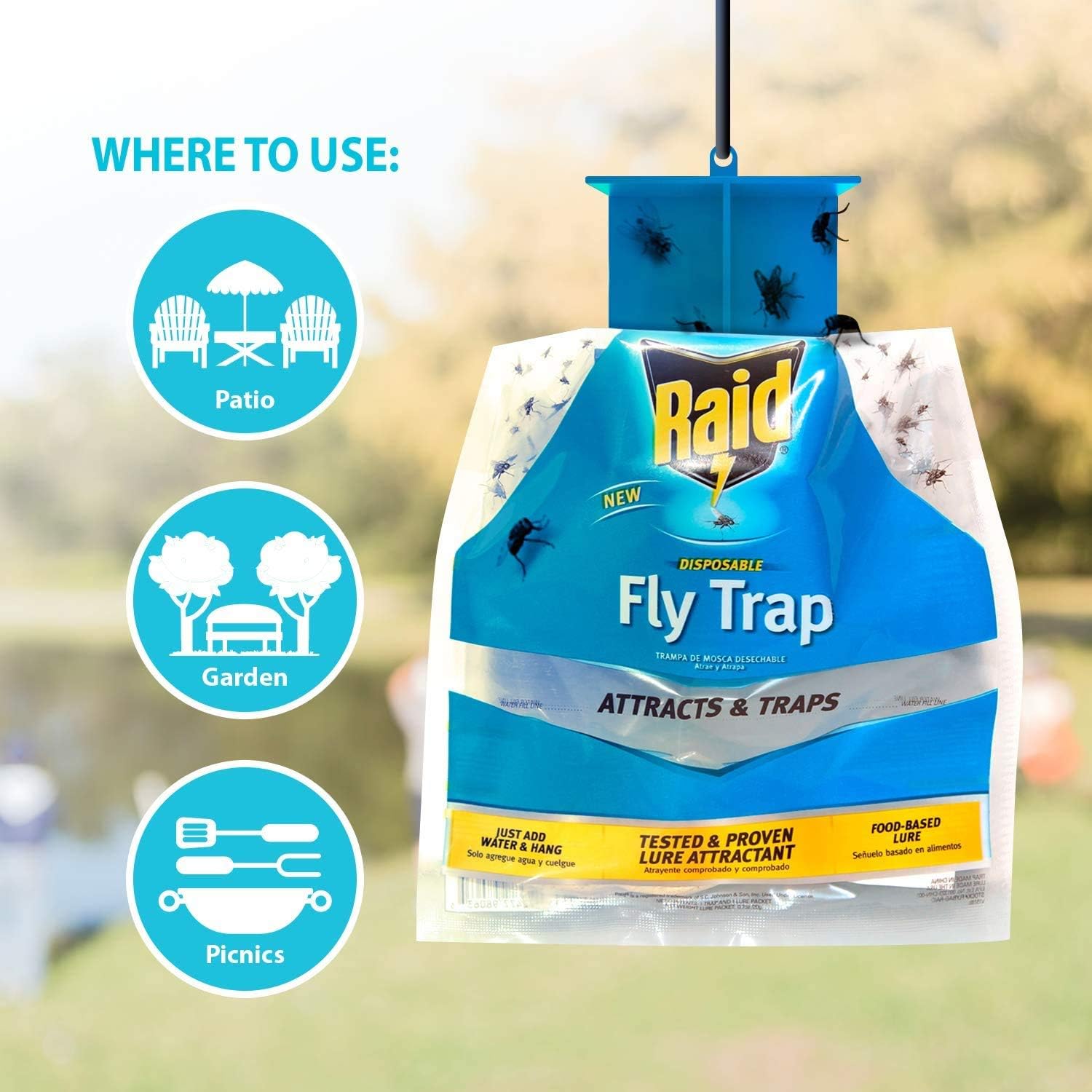 Raid Fly Trap for Outdoor Use, 6 Pack, Disposable Bag with Entry Funnel, Preloaded Lure, Water-Activated Hanging Bug Catcher for Patios, Gardens, Trash Areas, Picnics, Easy to Use & Discard