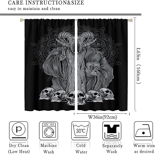 Vista 236 de Cortinas de cabeza de cabra, misteriosa cabeza de cabra malvada, calavera negra, bolsillo para barra, cortinas opacas para ventana, juego de 2