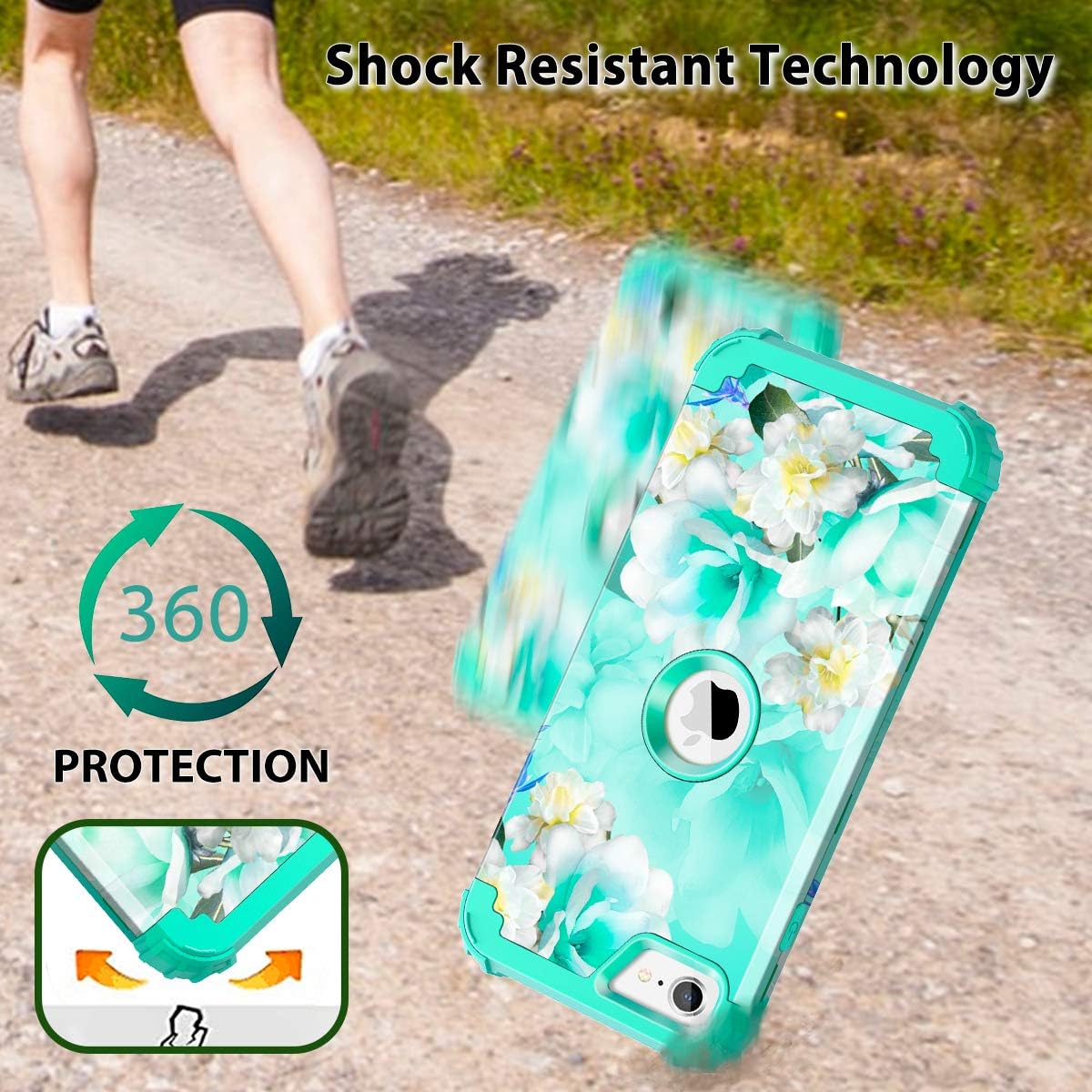 Casetego Compatible with iPhone SE 2020 Case,Floral Three Layer Heavy Duty Hybrid Sturdy Shockproof Protective Cover Case for Apple iPhone SE 2020,Green/White