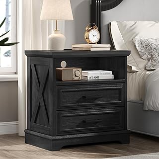 knoworld 24 Inch Wide Farmhouse Nightstands with Charging Station, Dark Gray Nightstand with 2 Large Drawers, Rustic Wood End Table for Bedroom